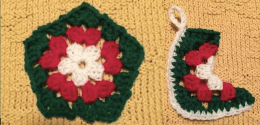 Crocheted granny square ornament in red, white, and green